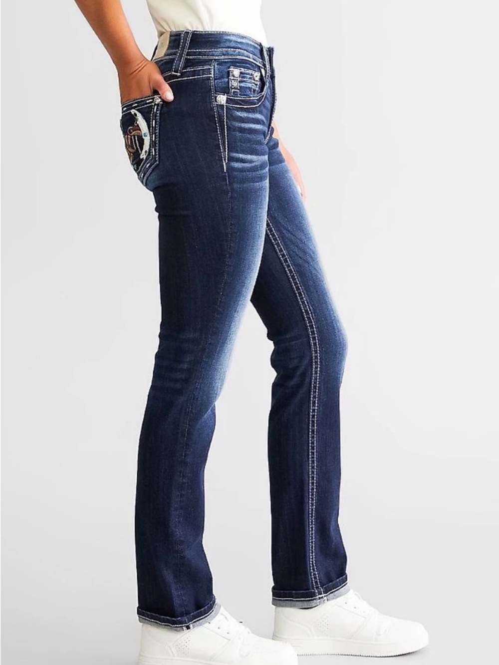 MISS ME | Mid-Rise Straight Stretch Dark Wash Jean 28 Horseshoe Cowboy Boots Hat - Picture 13 of 16